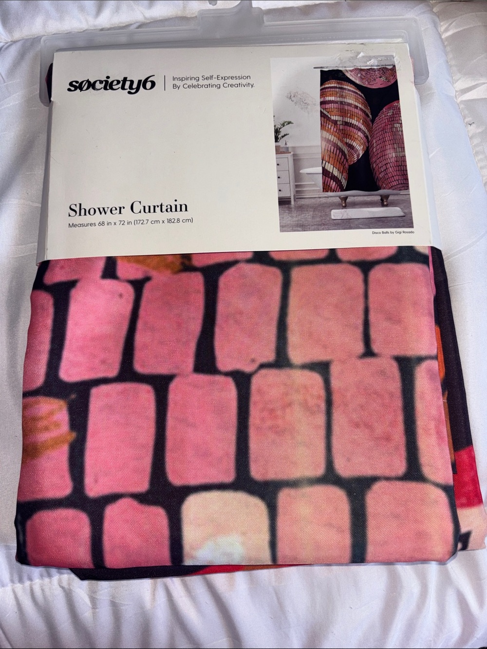Society6 Pink and Black Mosaic Tile Shower Curtain measures 68 in x 72 in